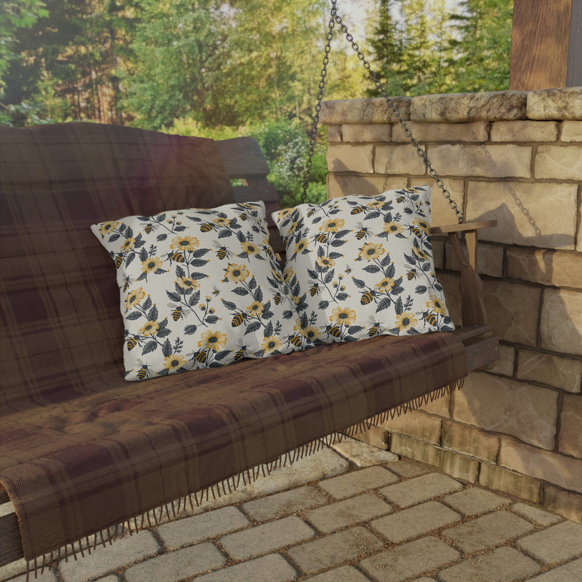 Buzzing Blossoms Square Outdoor Pillow - Spun Polyester - Double-Sided Print - UV-Resistant - Water-Resistant - Available in 3 sizes.