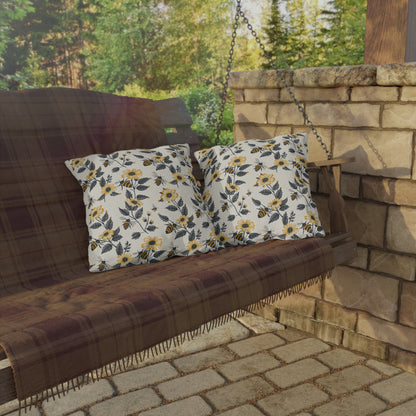 Buzzing Blossoms Square Outdoor Pillow - Spun Polyester - Double-Sided Print - UV-Resistant - Water-Resistant - Available in 3 sizes.