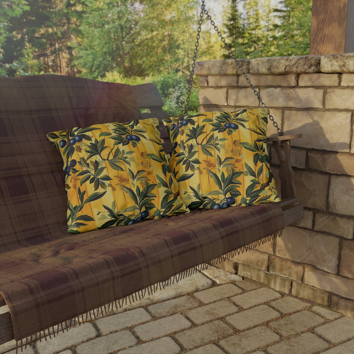 Olives & Sunshine Delight Square Outdoor Pillow - Double-Sided Print - UV-Resistant - Water Resistant - Available in 3 sizes.