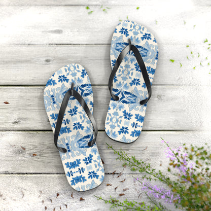 Blue Spanish Tile Flip Flops. 5/8" Thick Comfortable Summer or Winter Gym/Sauna Footwear for Men and Women.