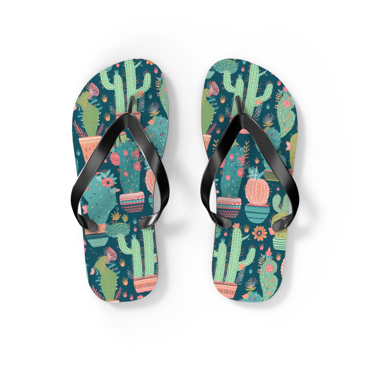Cactus Cacophany Flip Flops. 5/8" Thick Comfortable Summer or Winter Gym/Sauna Footwear for Men and Women. Bring Fun Cactus-inspired Artwork into Your Life!