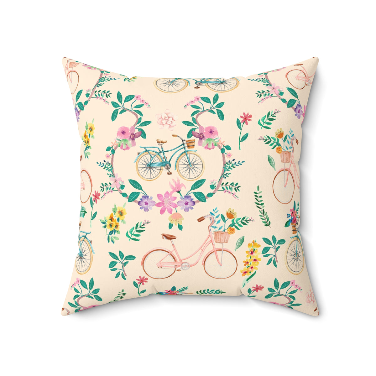 Spring Bicycle Square Throw Pillow - Spun Polyester - Double-Sided Print - Concealed Zipper - Available in 7 Sizes