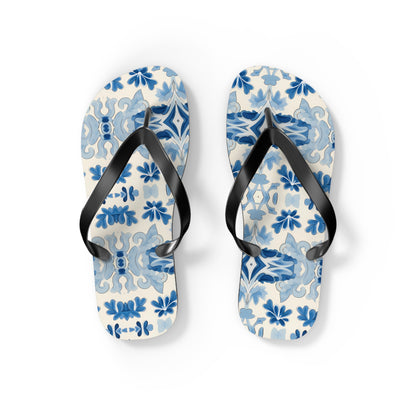Blue Spanish Tile Flip Flops. 5/8" Thick Comfortable Summer or Winter Gym/Sauna Footwear for Men and Women.