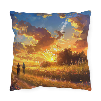 Golden Sunset Ride Square Outdoor Pillow - Spun Polyester - Double-Sided Print - UV-Resistant - Water-Resistant - Available in 3 sizes.