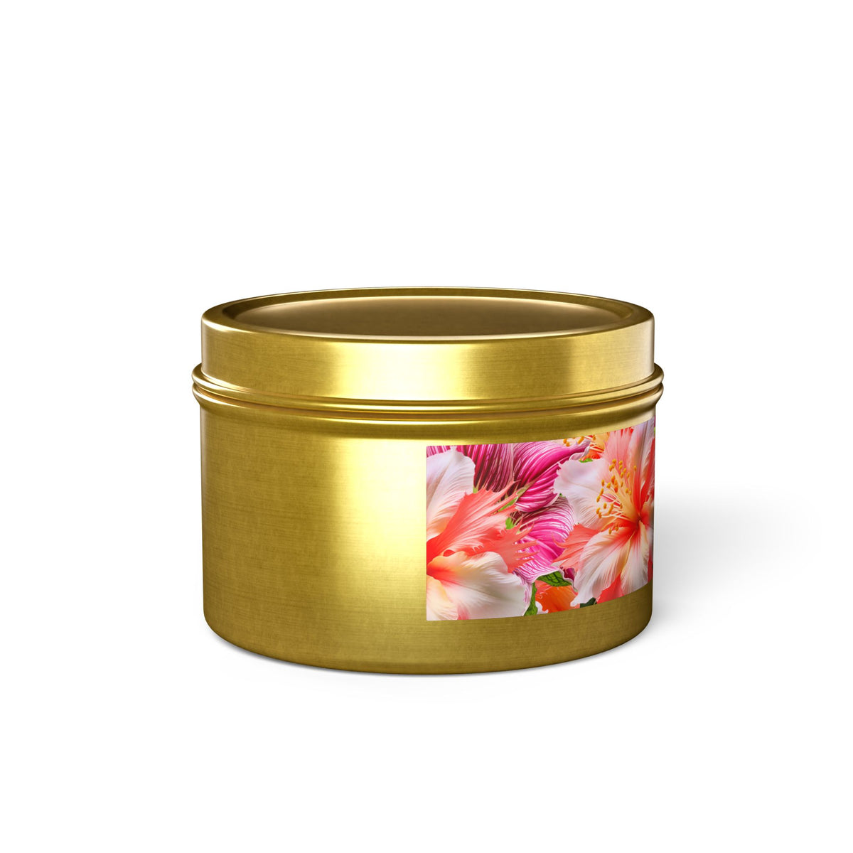 Tropical Hibiscus Bloom Tin Candle. Breathe in Paradise - Where Every Flame Dances with Floral Harmony. Available in 2 sizes, 3 finishes, and 5 scents.