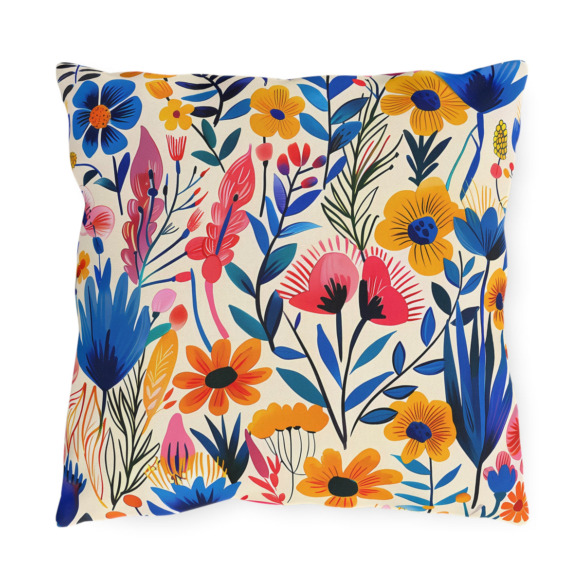 Happy Heartfelt Blooms Square Outdoor Pillow - Spun Polyester - Double-Sided Print - UV-Resistant - Water-Resistant - Available in 3 sizes.