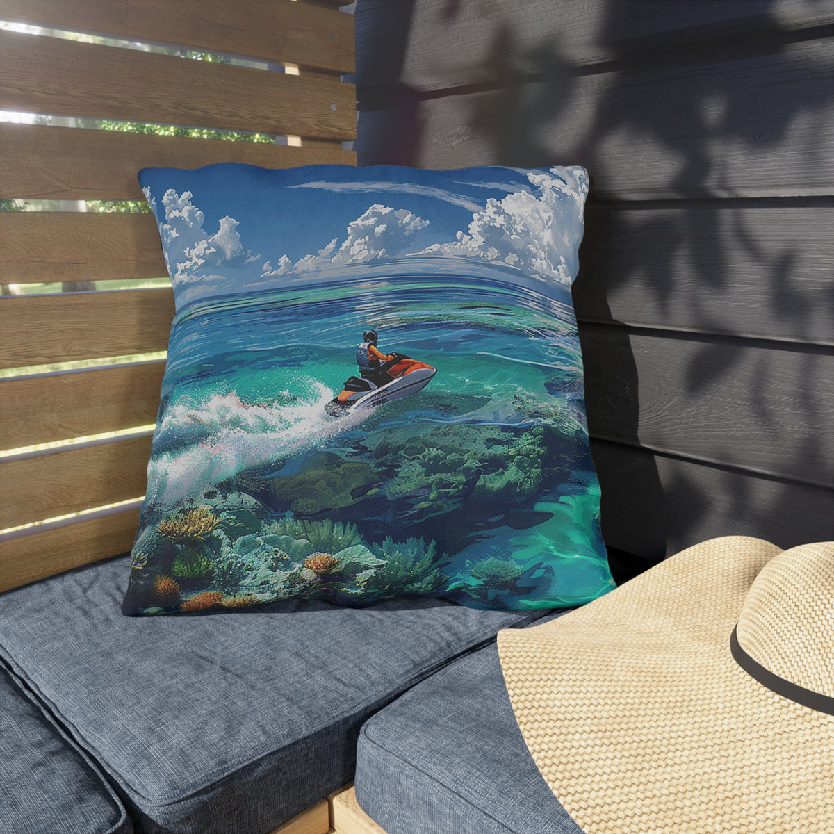 Jet Ski Tropical Paradise Square Outdoor Pillow - Spun Polyester - Double-Sided Print - UV Resistant - Water Resistant - Available in 3 sizes.