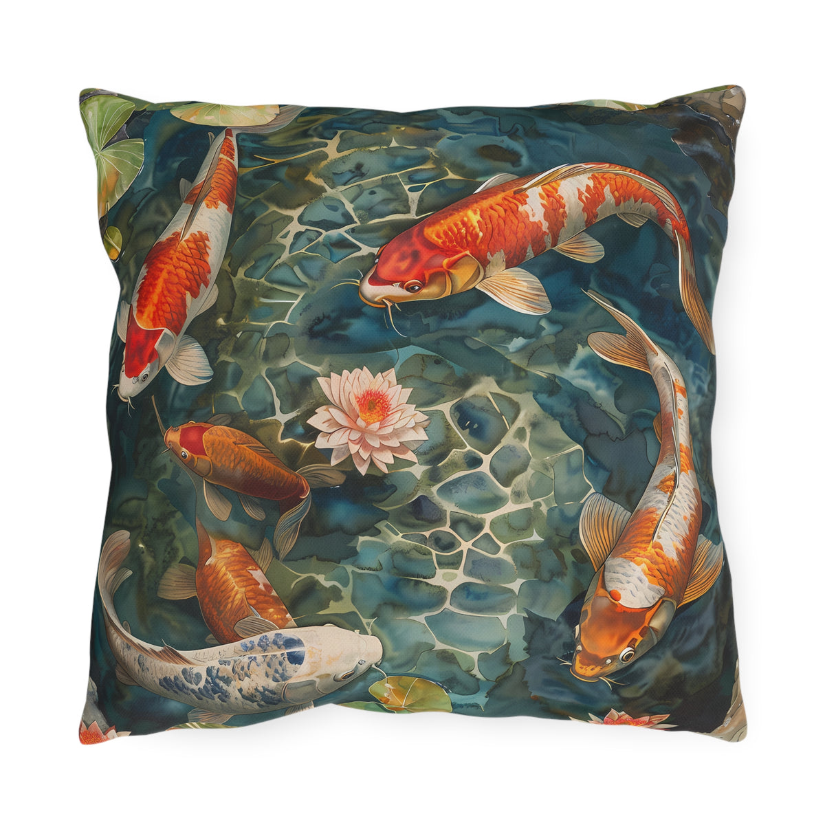 Tranquil Koi Oasis Square Outdoor Pillow - Spun Polyester - Double-Sided Print - UV-Resistant - Water-Resistant - Available in 3 sizes.