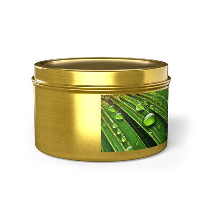 Tranquility Palm Tin Candle. Serenity in Every Spark - Embrace Nature's Calm. Available in 2 sizes, 3 finishes, and 5 scents.