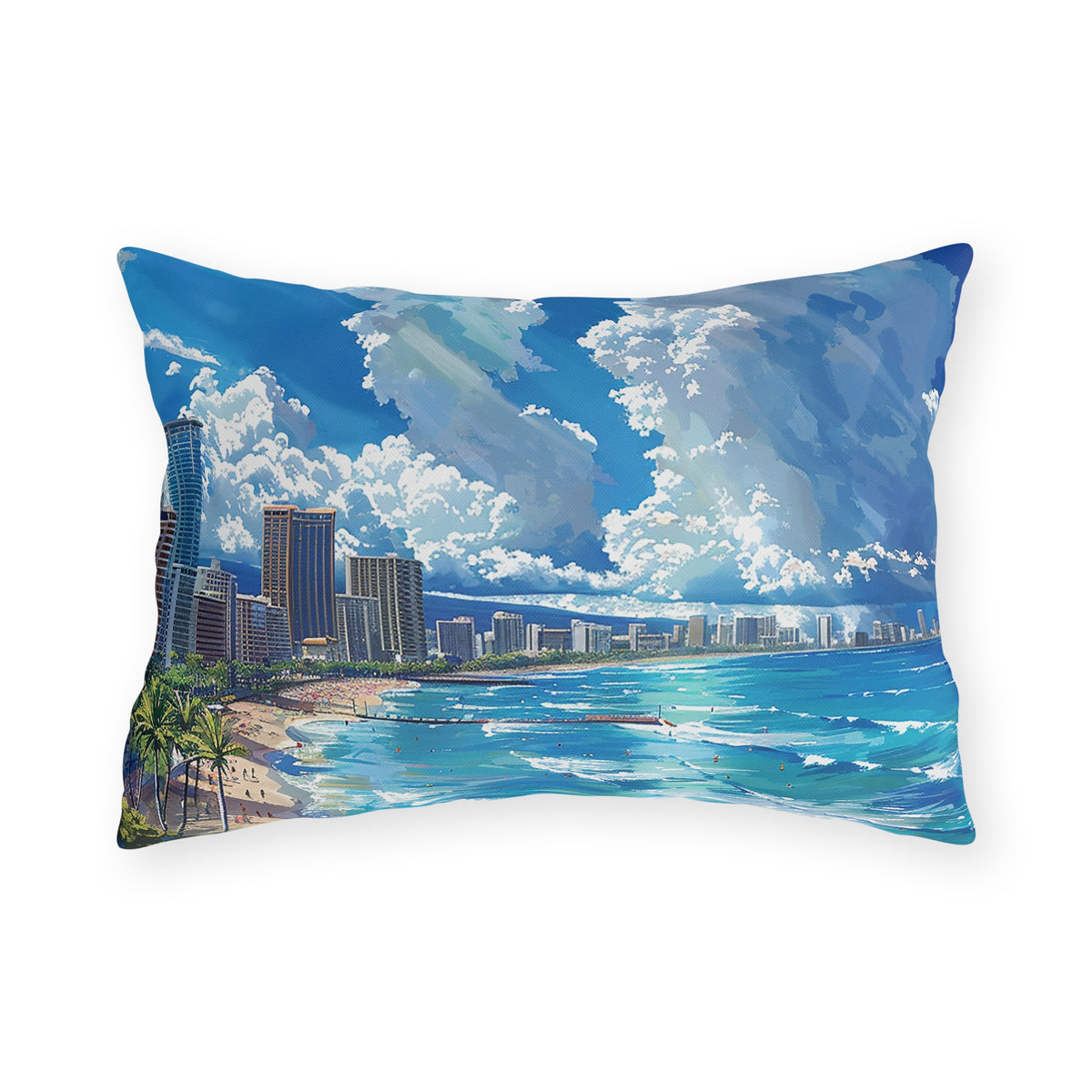 Waikiki Beach Outdoor Lumbar Pillow - Spun Polyester - Double-Sided Print - UV-Resistant - Water-Resistant - Lumbar size: 20" x 14"