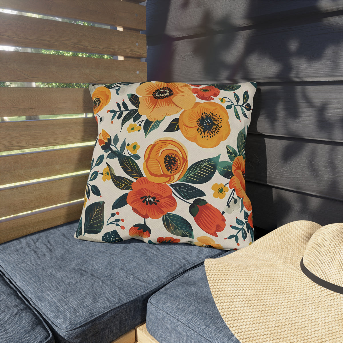 Golden Bloom Harmony Square Outdoor Pillow - Spun Polyester - Double-Sided Print - UV-Resistant - Water-Resistant - Available in 3 sizes.