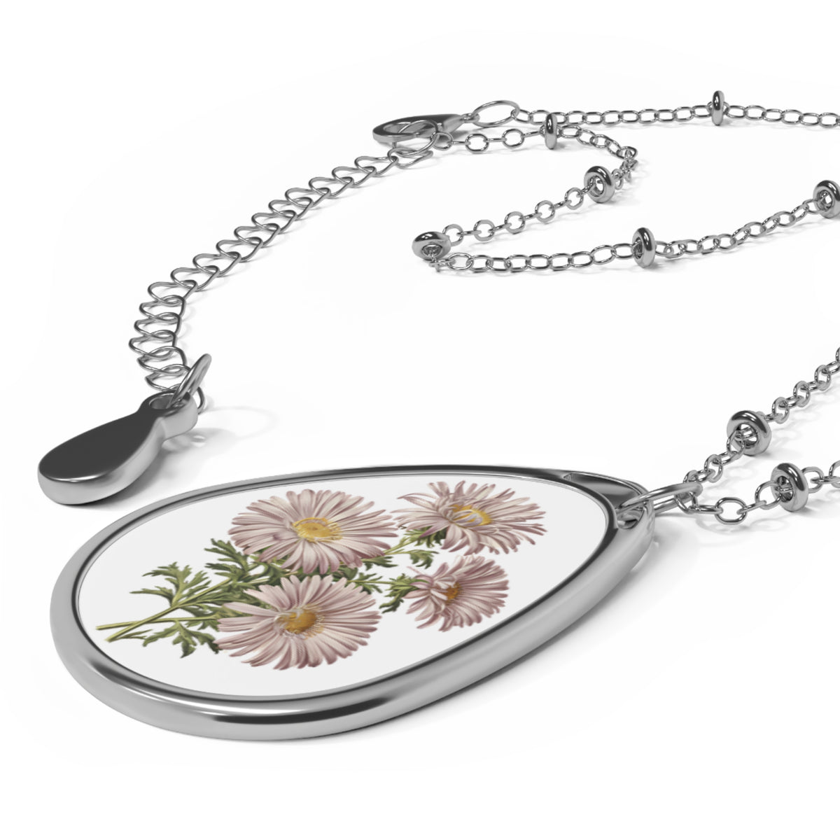 September Birth Month Flower - Aster Oval Pendant Necklace - Embrace Elegance and Wisdom with September's Aster Bloom!