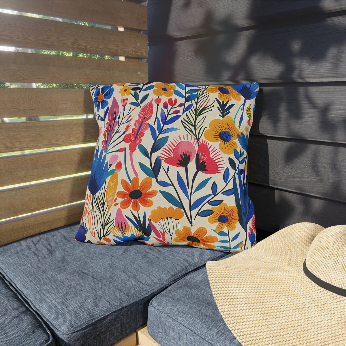 Happy Heartfelt Blooms Square Outdoor Pillow - Spun Polyester - Double-Sided Print - UV-Resistant - Water-Resistant - Available in 3 sizes.