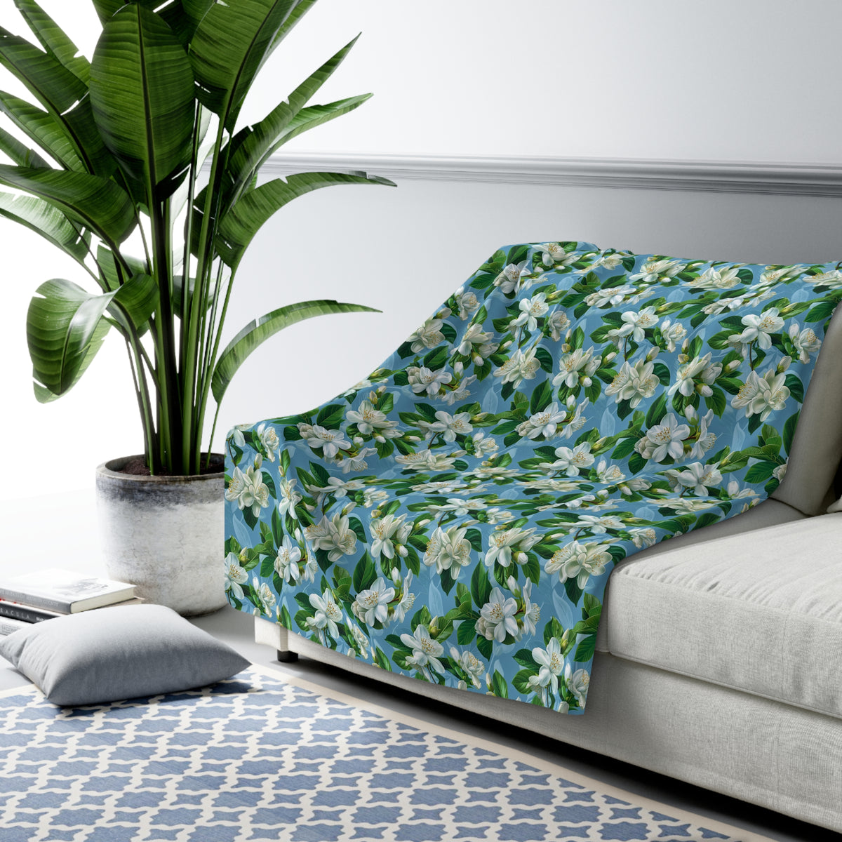 Jasmine Whisper Sherpa Fleece Blanket - Wrap Yourself in Floral Serenity - Softness and Style in Every Thread! Available in 2 sizes.