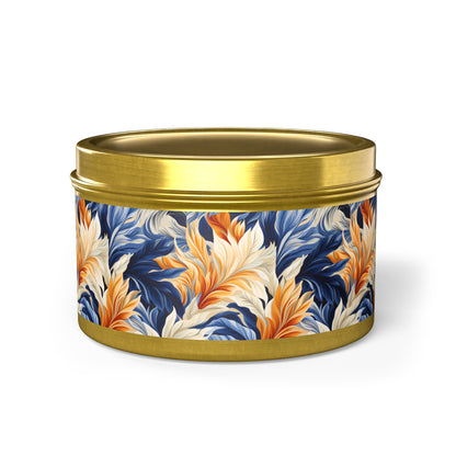 Feathered Fresco Fusion Tin Candle. A Touch of Feathered Grace in Every Flicker. Available in 2 sizes, 3 finishes, and 5 scents.