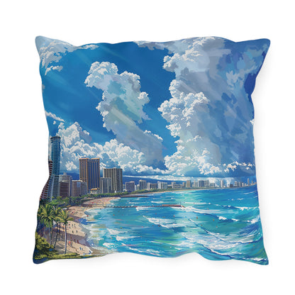 Waikiki Beach Square Outdoor Pillow - Spun Polyester - Double-Sided Print - UV-Resistant - Water-Resistant - Available in 3 sizes.