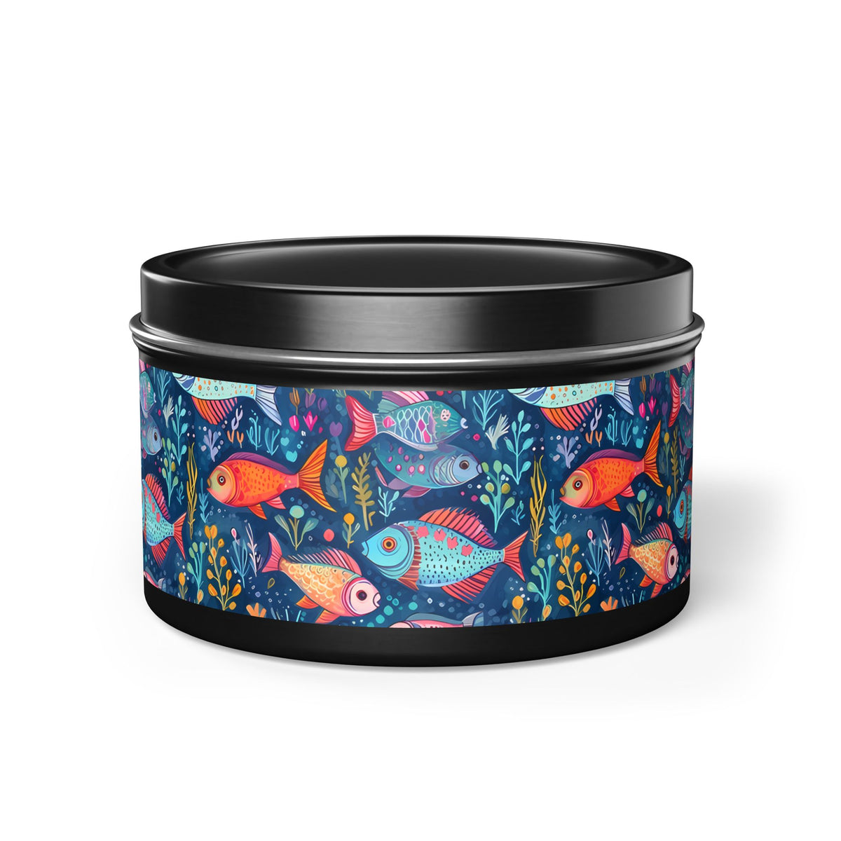 Fun Fish Tin Candle. Dive into a Sea of Scented Delight! Available in 2 sizes, 3 finishes, and 5 scents.
