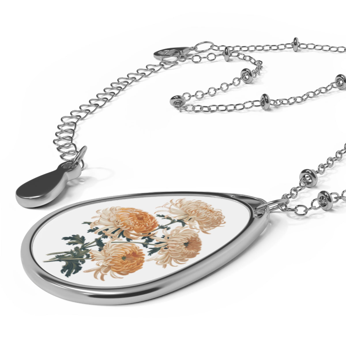November Birth Month Flower - Chrysanthemum Oval Pendant Necklace - Embrace Timeless Elegance with November's Chrysanthemum Charm!