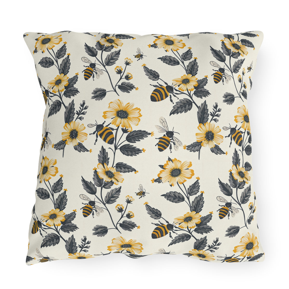 Buzzing Blossoms Square Outdoor Pillow - Spun Polyester - Double-Sided Print - UV-Resistant - Water-Resistant - Available in 3 sizes.