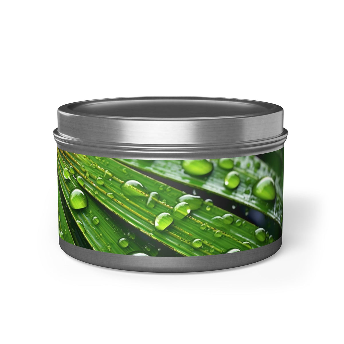 Tranquility Palm Tin Candle. Serenity in Every Spark - Embrace Nature's Calm. Available in 2 sizes, 3 finishes, and 5 scents.