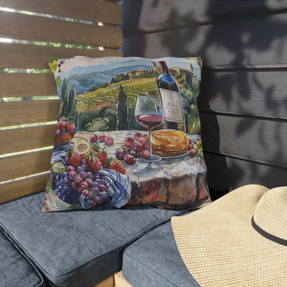 Tuscan Vineyard Vignette Square Outdoor Pillow - Spun Polyester - Double-Sided Print - UV-Resistant - Water-Resistant - Available in 3 sizes.