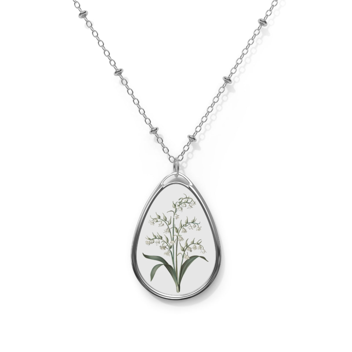 May Birth Month Flower - Lily of the Valley Oval Pendant Necklace - Embrace the Delicate Charm of May with Lily of the Valley!