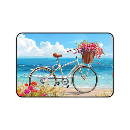 Daisy Beach Rider Desk Mat - Cycle the Beach During Your Work - Gorgeous Bike, Flowers & Beach! Available in 3 sizes.
