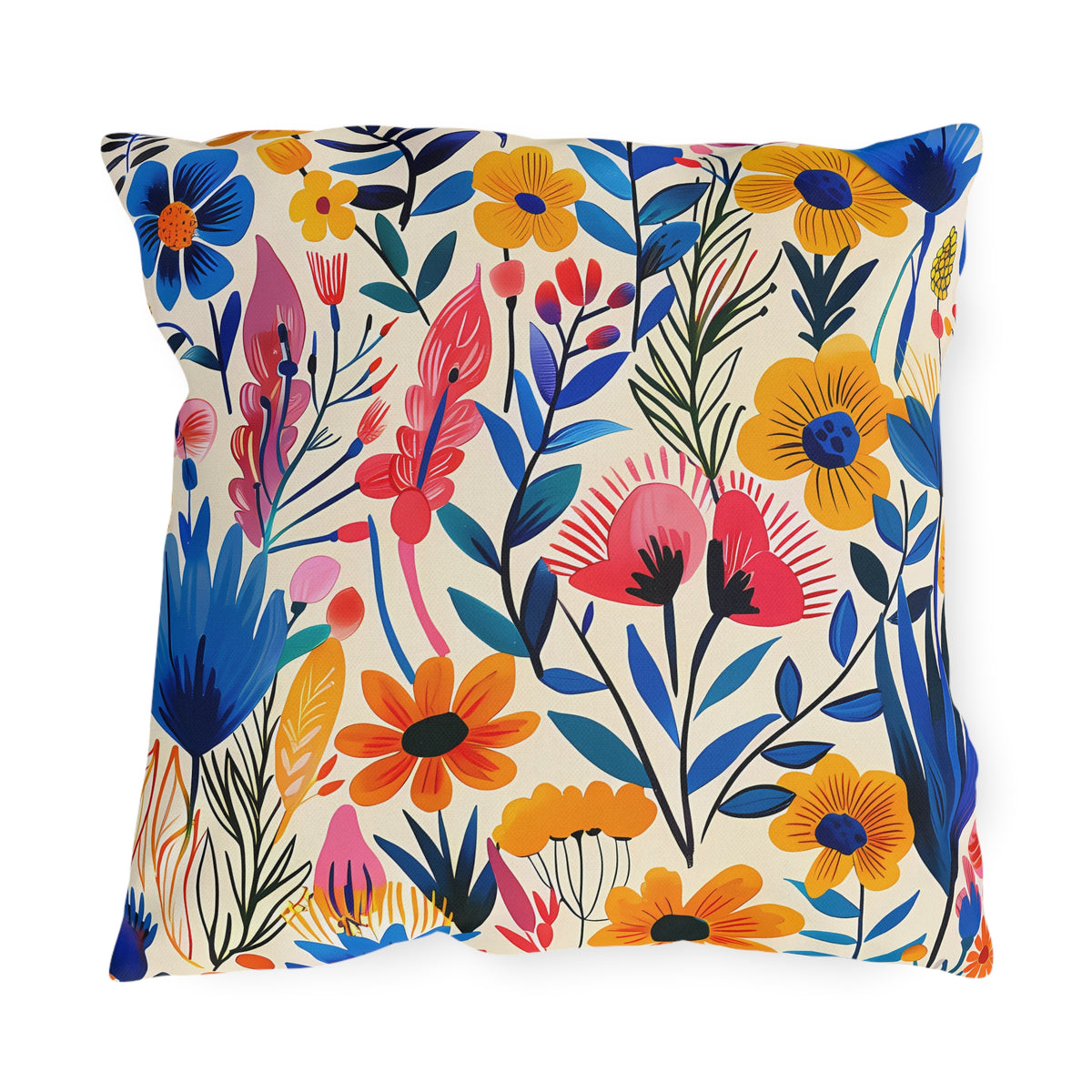 Happy Heartfelt Blooms Square Outdoor Pillow - Spun Polyester - Double-Sided Print - UV-Resistant - Water-Resistant - Available in 3 sizes.