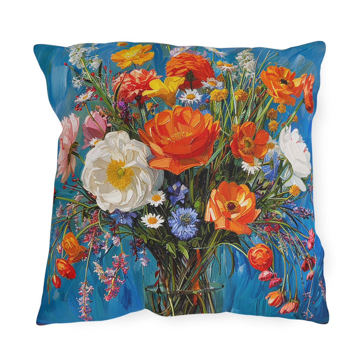 Blossoms on Blue Square Outdoor Pillow - Spun Polyester - Double-Sided Print - UV-Resistant - Water-Resistant - Available in 3 sizes.