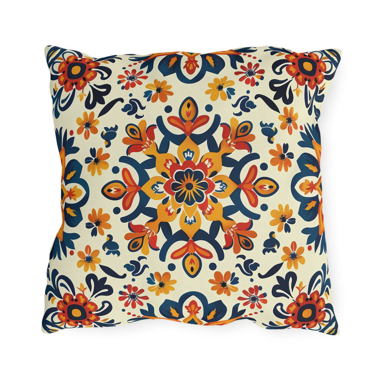 Sevilla Sunburst Square Outdoor Pillow - Spun Polyester - Double-Sided Print - UV-Resistant - Water-Resistant - Available in 3 sizes.