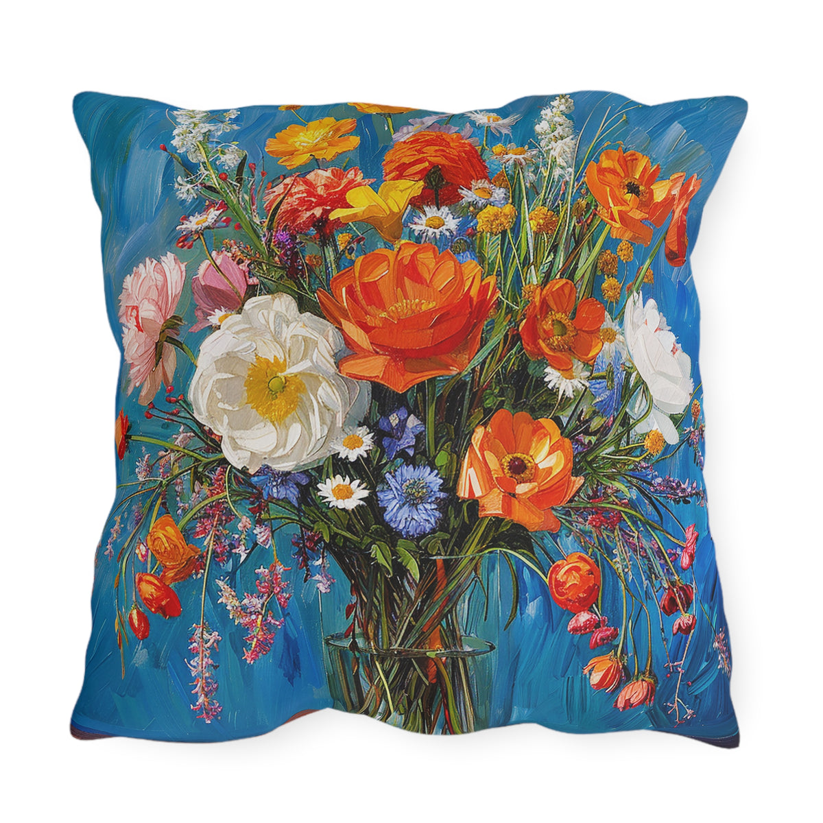 Blossoms on Blue Square Outdoor Pillow - Spun Polyester - Double-Sided Print - UV-Resistant - Water-Resistant - Available in 3 sizes.
