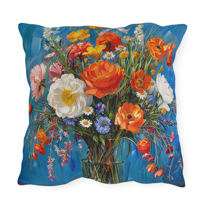 Blossoms on Blue Square Outdoor Pillow - Spun Polyester - Double-Sided Print - UV-Resistant - Water-Resistant - Available in 3 sizes.
