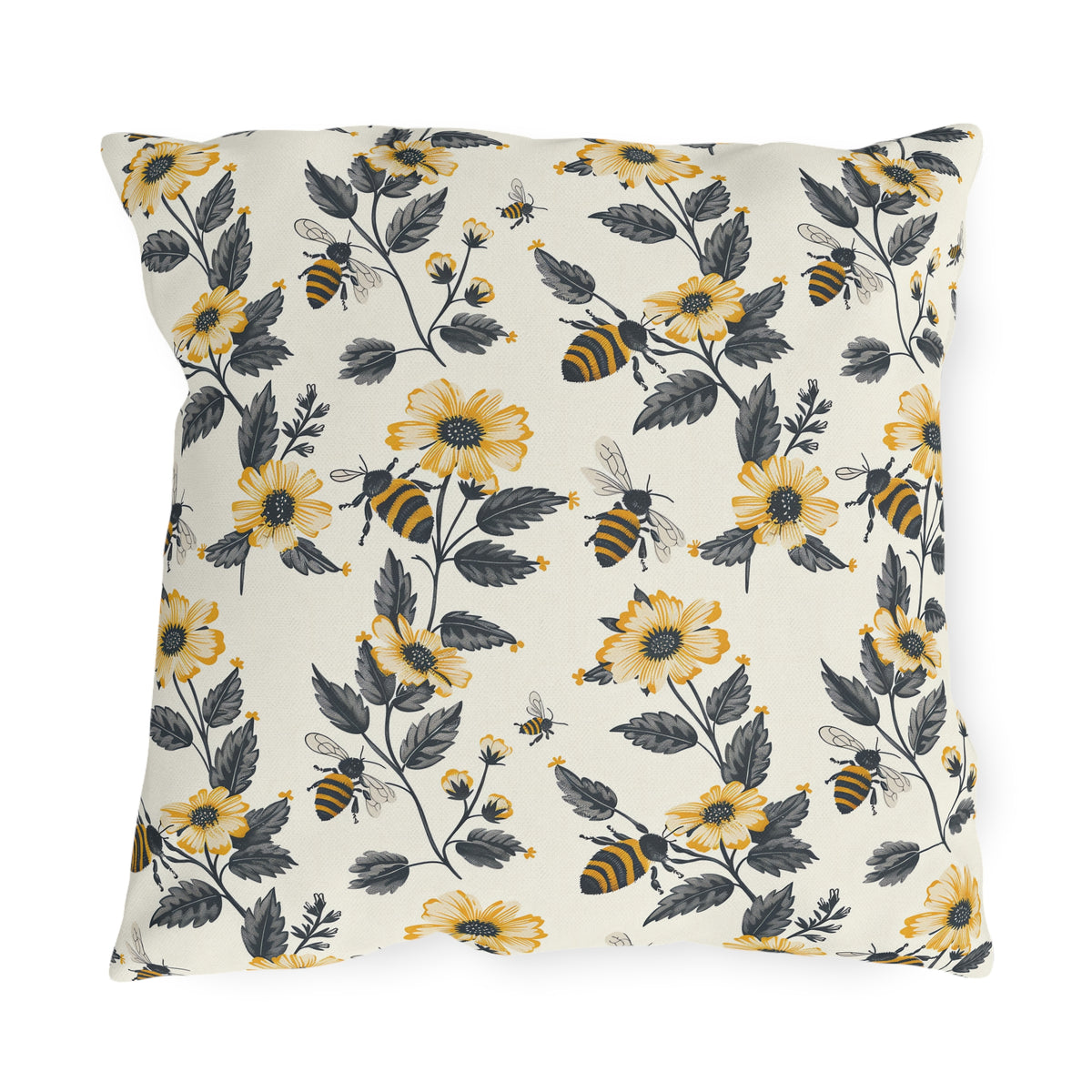 Buzzing Blossoms Square Outdoor Pillow - Spun Polyester - Double-Sided Print - UV-Resistant - Water-Resistant - Available in 3 sizes.