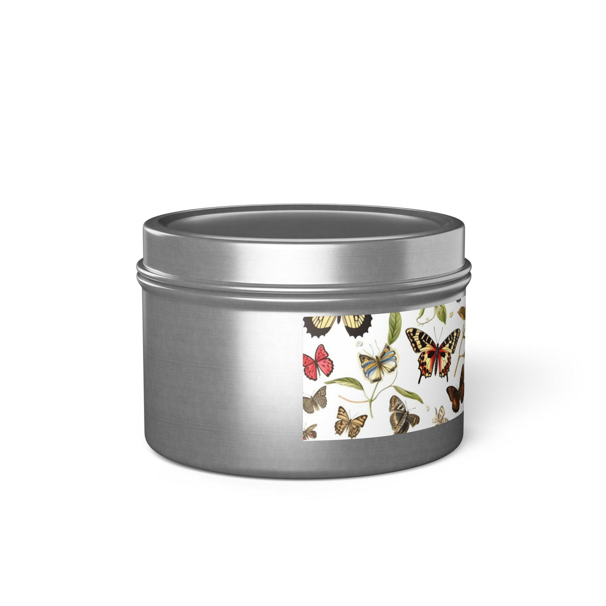 Botanical Butterflies Tin Candle. Flutter into Serenity with Botanical Butterflies. Available in 2 sizes, 3 finishes, and 5 scents.