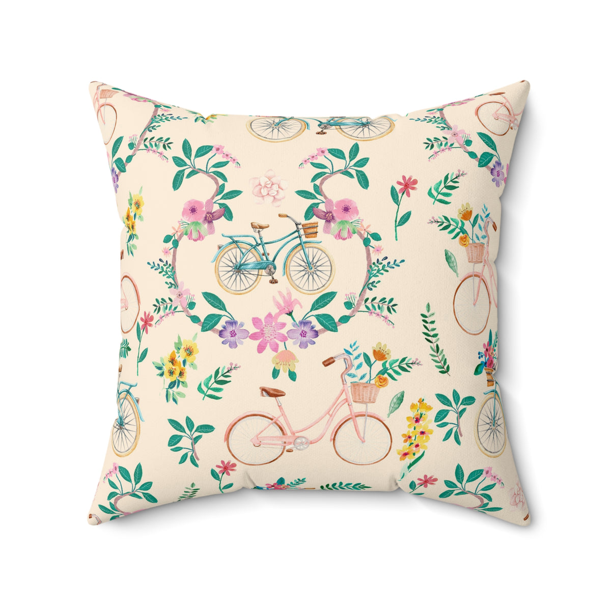 Spring Bicycle Square Throw Pillow - Spun Polyester - Double-Sided Print - Concealed Zipper - Available in 7 Sizes
