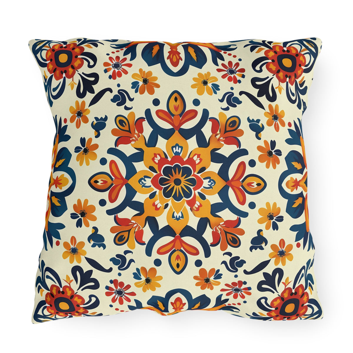 Sevilla Sunburst Square Outdoor Pillow - Spun Polyester - Double-Sided Print - UV-Resistant - Water-Resistant - Available in 3 sizes.