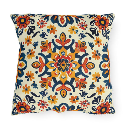 Sevilla Sunburst Square Outdoor Pillow - Spun Polyester - Double-Sided Print - UV-Resistant - Water-Resistant - Available in 3 sizes.