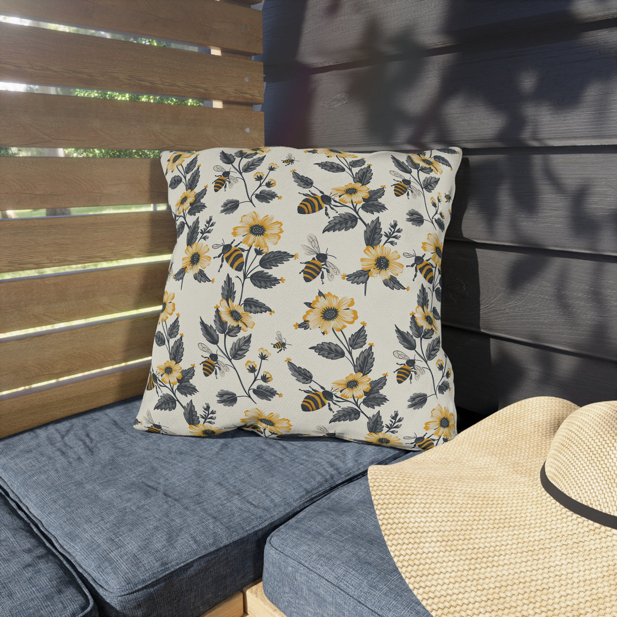 Buzzing Blossoms Square Outdoor Pillow - Spun Polyester - Double-Sided Print - UV-Resistant - Water-Resistant - Available in 3 sizes.