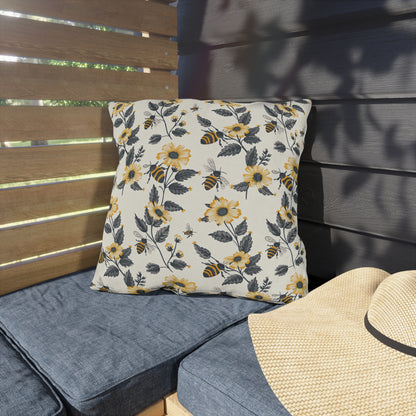 Buzzing Blossoms Square Outdoor Pillow - Spun Polyester - Double-Sided Print - UV-Resistant - Water-Resistant - Available in 3 sizes.