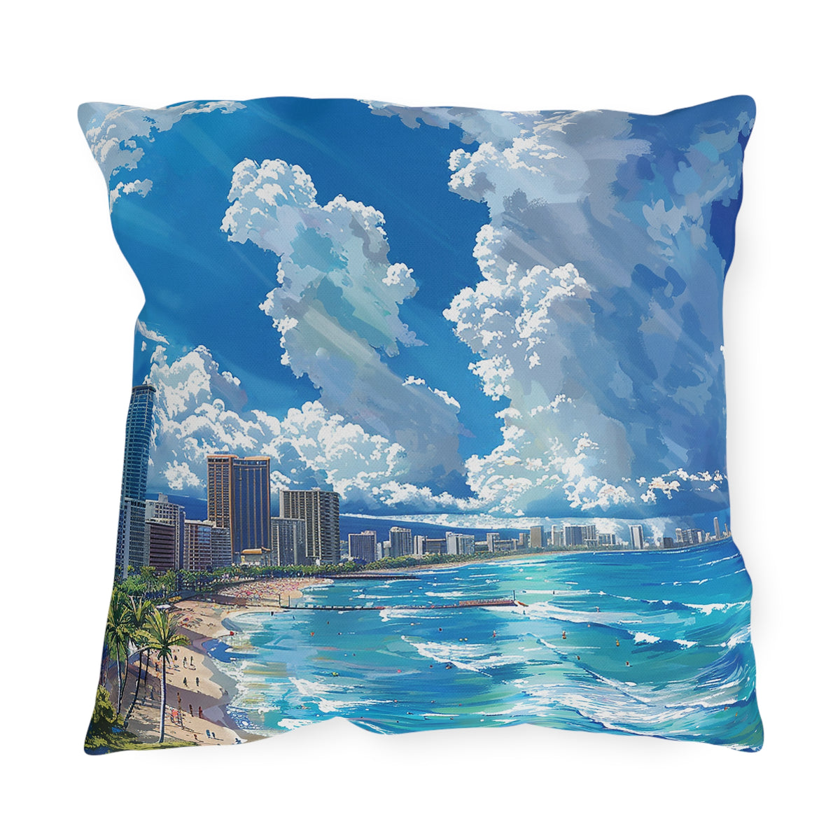 Waikiki Beach Square Outdoor Pillow - Spun Polyester - Double-Sided Print - UV-Resistant - Water-Resistant - Available in 3 sizes.