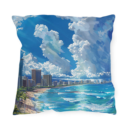 Waikiki Beach Square Outdoor Pillow - Spun Polyester - Double-Sided Print - UV-Resistant - Water-Resistant - Available in 3 sizes.