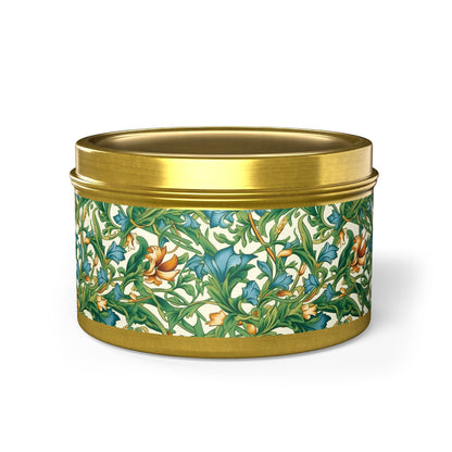 Medieval Meets Modern Vines Tin Candle. Light Up Your Space with Timeless Elegance! Available in 2 sizes, 3 finishes, and 5 scents.