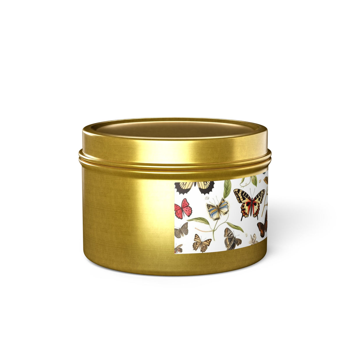 Botanical Butterflies Tin Candle. Flutter into Serenity with Botanical Butterflies. Available in 2 sizes, 3 finishes, and 5 scents.