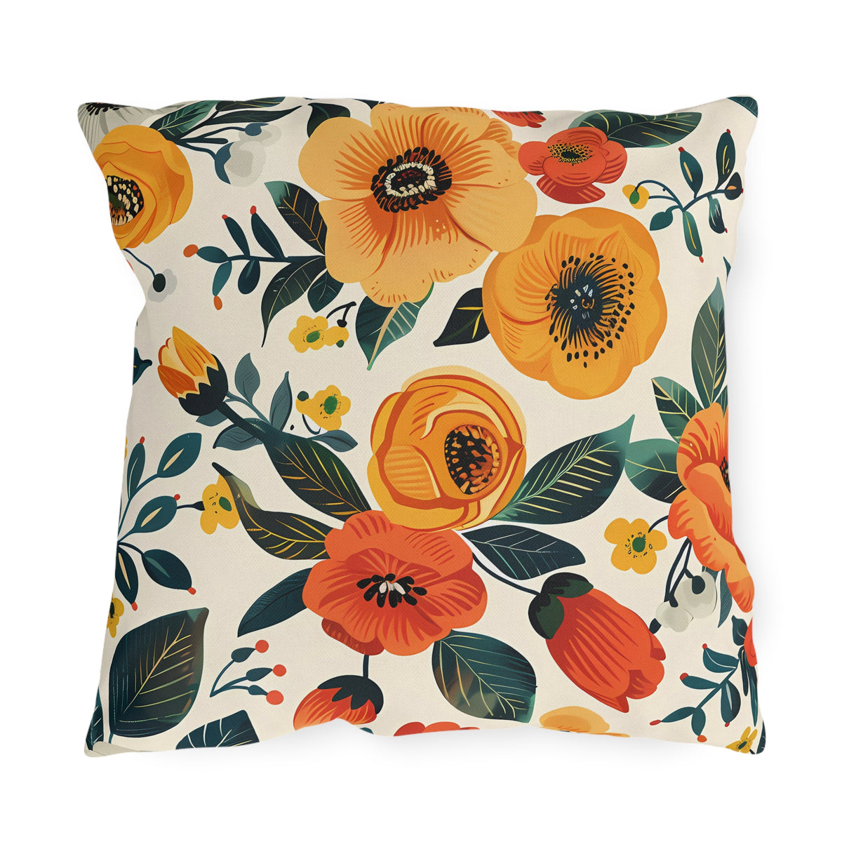 Golden Bloom Harmony Square Outdoor Pillow - Spun Polyester - Double-Sided Print - UV-Resistant - Water-Resistant - Available in 3 sizes.