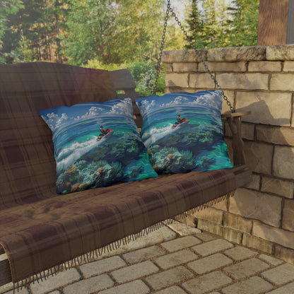 Jet Ski Tropical Paradise Square Outdoor Pillow - Spun Polyester - Double-Sided Print - UV Resistant - Water Resistant - Available in 3 sizes.