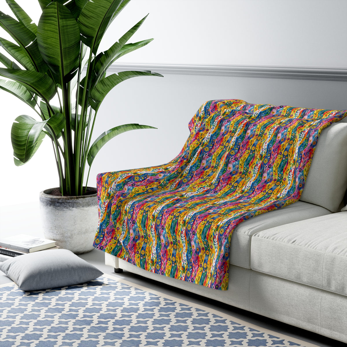 Floral Rhythms Sherpa Fleece Blanket - Get Cozy in Vibrant Lines of Comfort! - Available in 2 sizes.