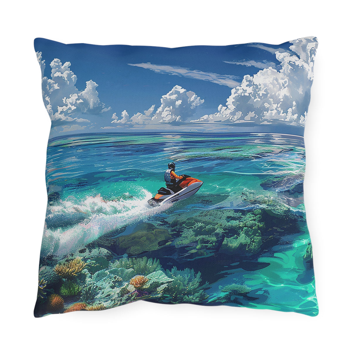Jet Ski Tropical Paradise Square Outdoor Pillow - Spun Polyester - Double-Sided Print - UV Resistant - Water Resistant - Available in 3 sizes.