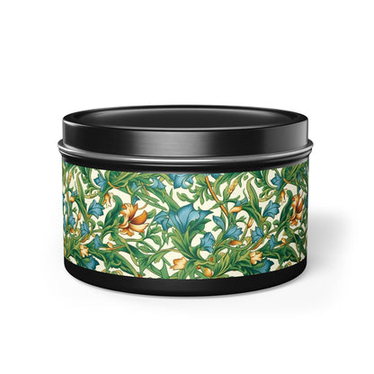 Medieval Meets Modern Vines Tin Candle. Light Up Your Space with Timeless Elegance! Available in 2 sizes, 3 finishes, and 5 scents.