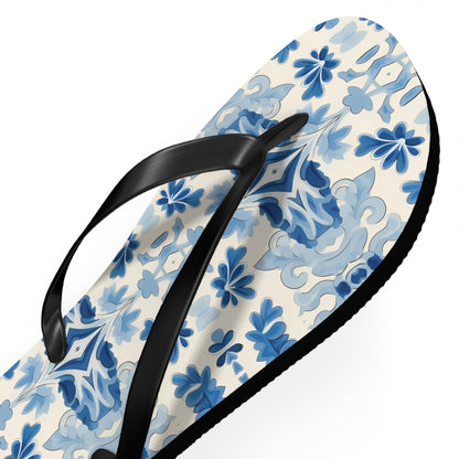 Blue Spanish Tile Flip Flops. 5/8" Thick Comfortable Summer or Winter Gym/Sauna Footwear for Men and Women.