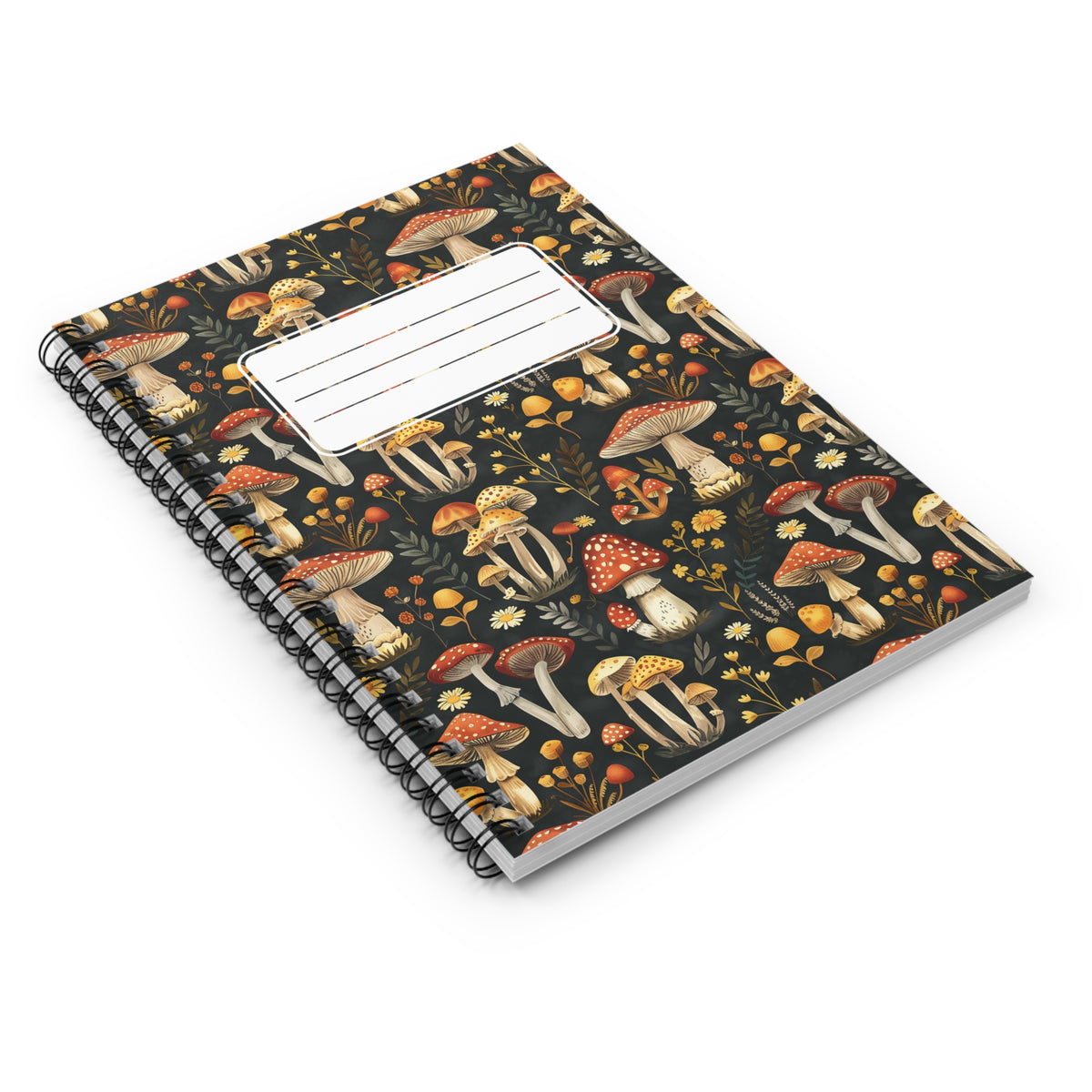 Whimsical Mushroom Forest with Label Chic Spiral Notebook - Ruled Line - Yes, Mushrooms are Fun!